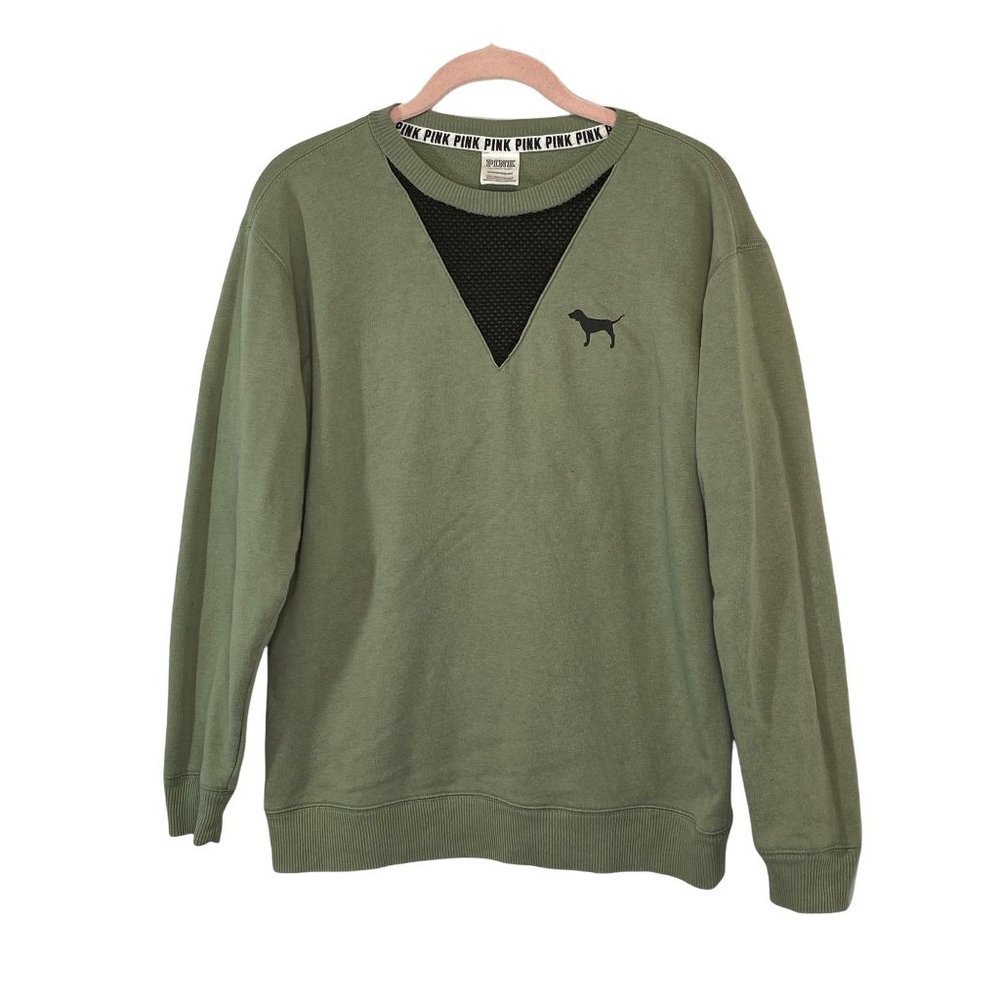 Victoria Secret PINK Boyfriend Sweatshirt Size XS Pullover Dog Logo Green Black - Picture 2 of 11